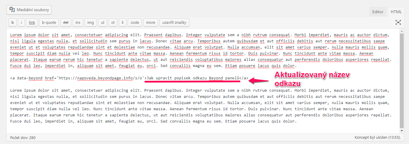 Úprava popisku odkazu v HTML editoru.
