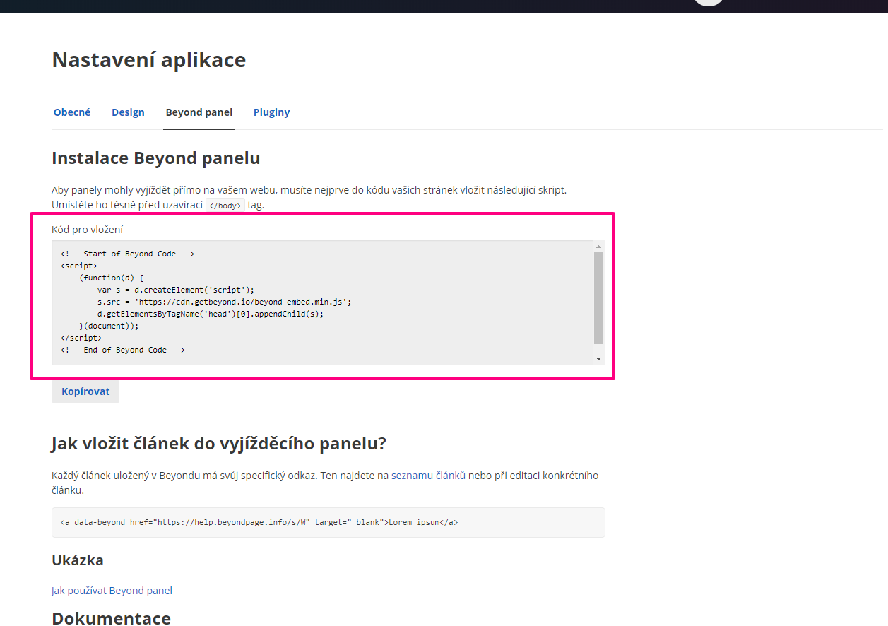 Zdrojový kód pro připojení Beyond Panelu na web.